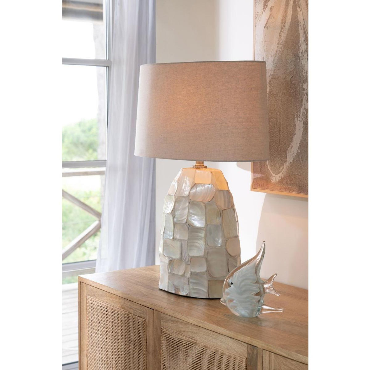Paris Prix Lampe à Poser Coquillage  Effet Perlé  67cm Blanc Cassé