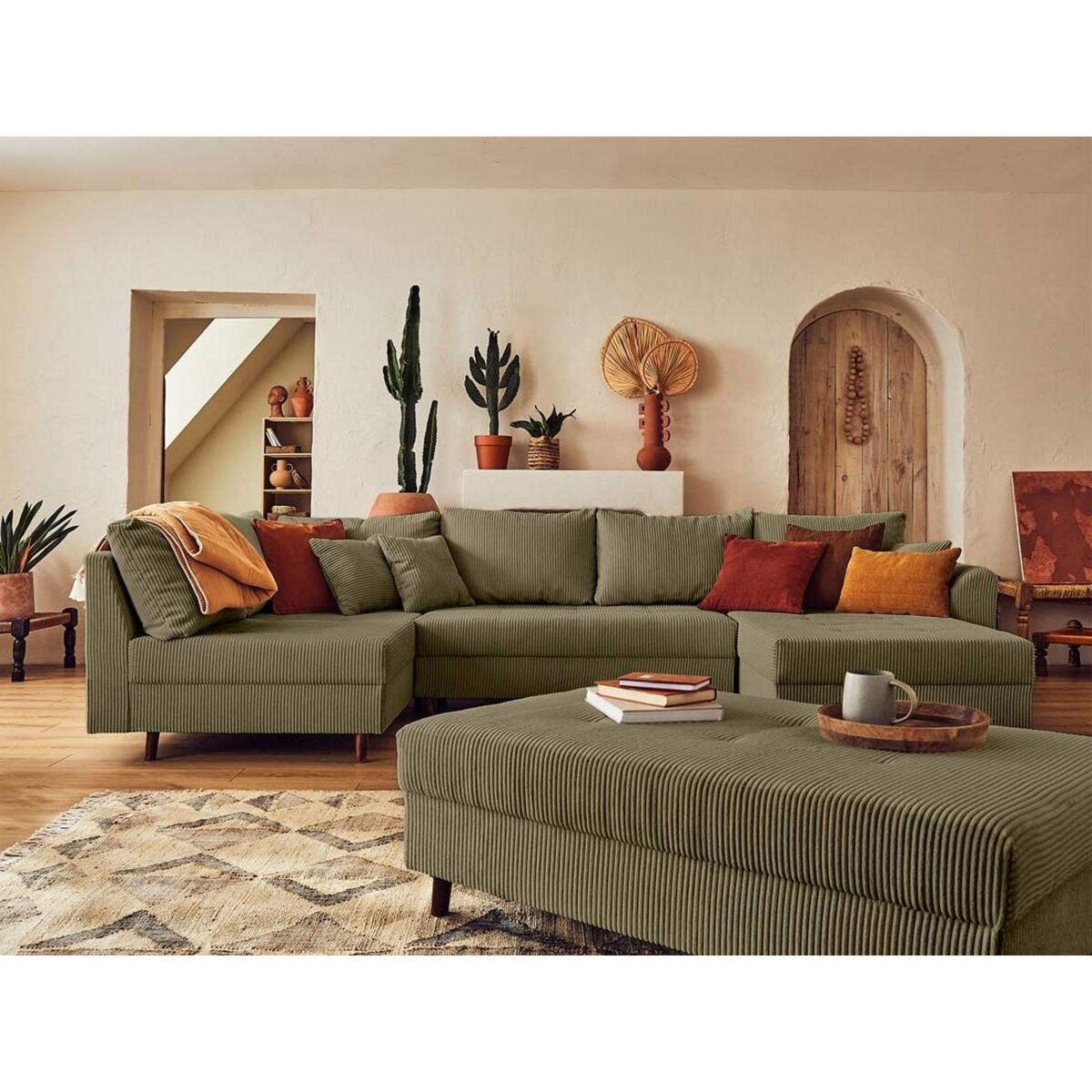 LISA DESIGN Rune - canapé panoramique d'angle gauche - 7 places - avec pouf d'appoint - en velours côtelé