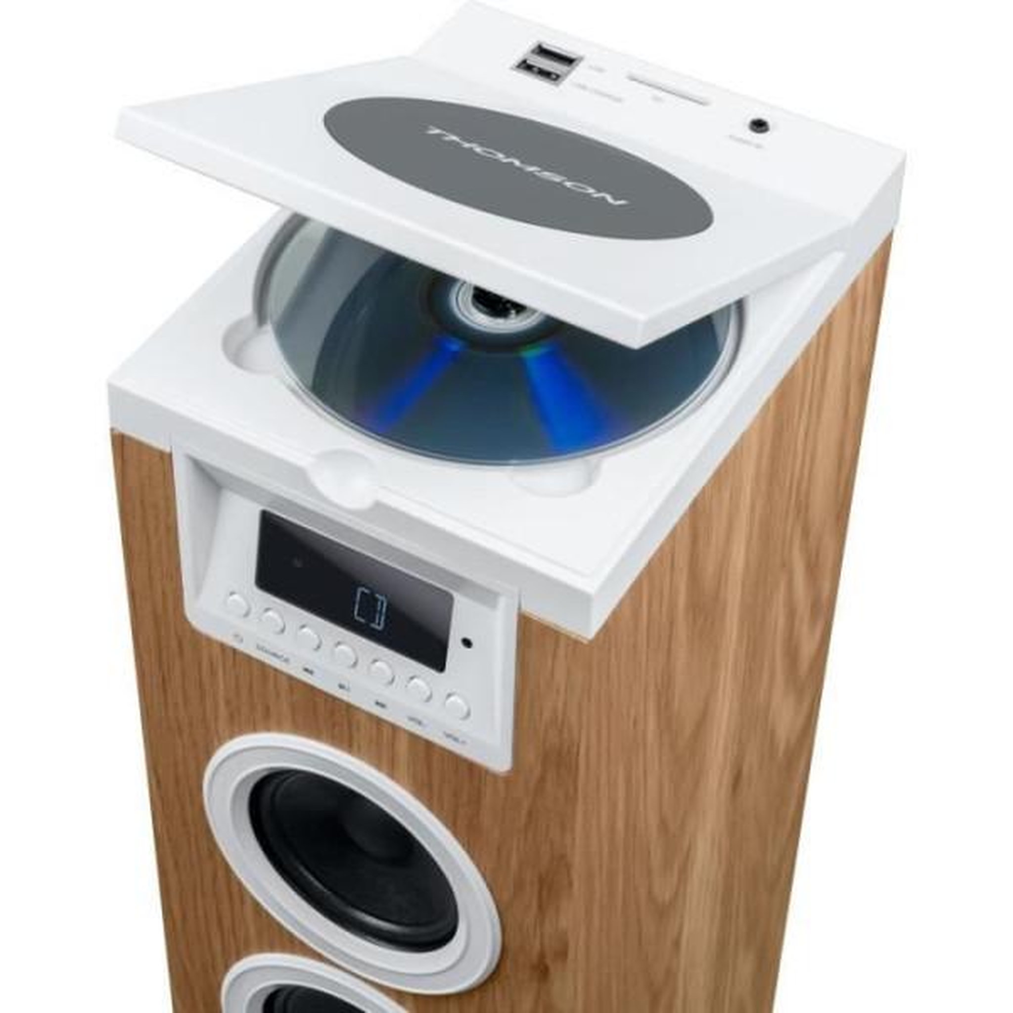 Voir la diapositive 5 : THOMSON Enceinte colonne haute qualite tour haut-parleur - thomson - bluetooth/cd/usb/sd - blanc/bois - 60w - radio fm