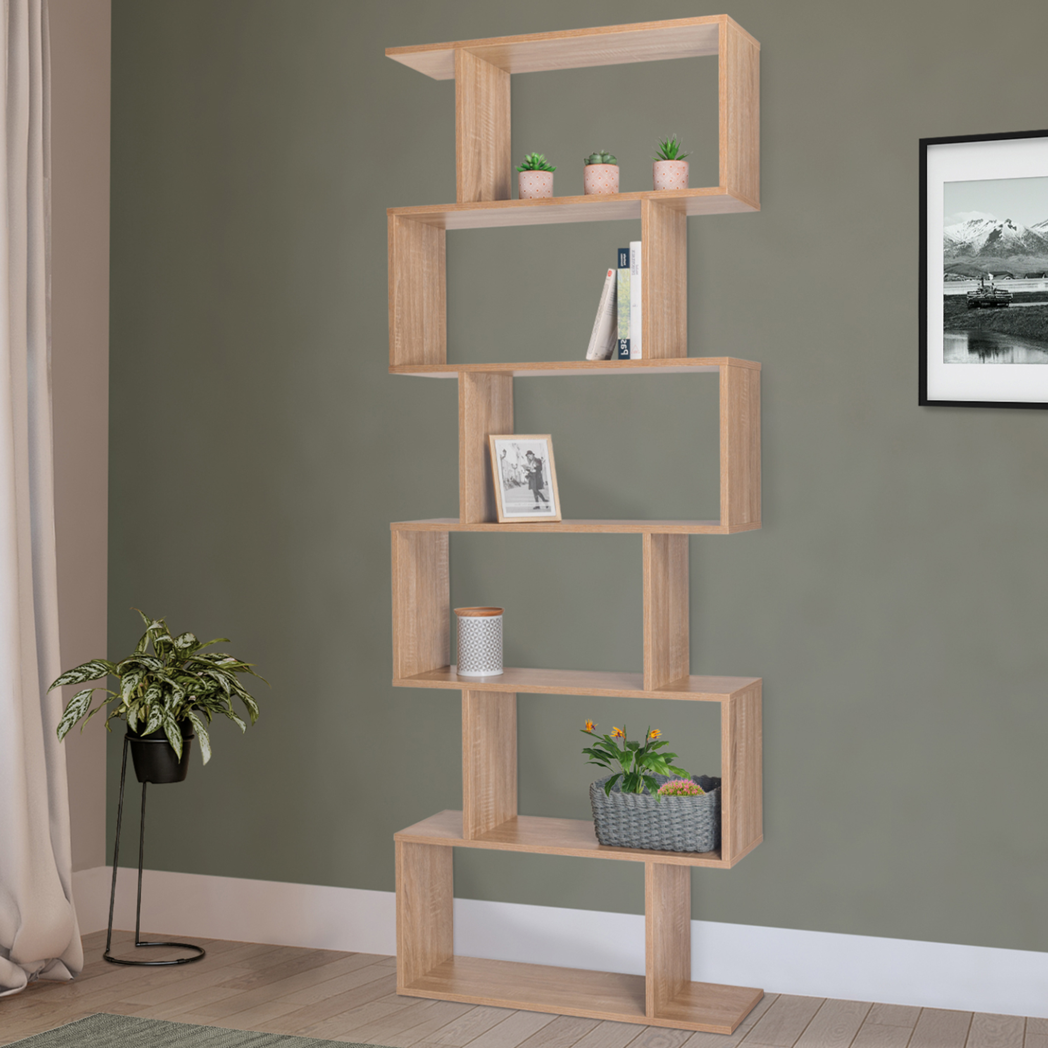 Voir la diapositive 2 : ID MARKET Etagère bibliothèque SOFIA forme S bois façon hêtre 189 cm