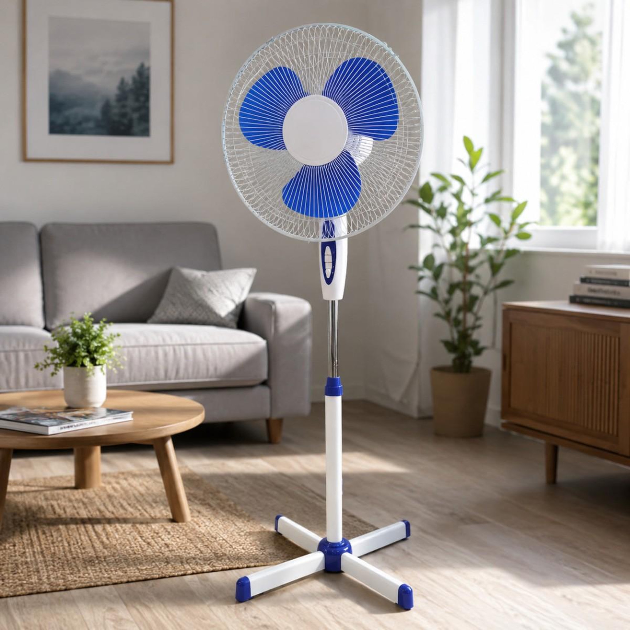 Voir la diapositive 4 : INTEC Ventilateur sur pied portable 45W 40Cm Hauteur réglable 1.30m Brasseur d'air Blanc Bleu 3 vitesses Oscillation Horizontale INTEC