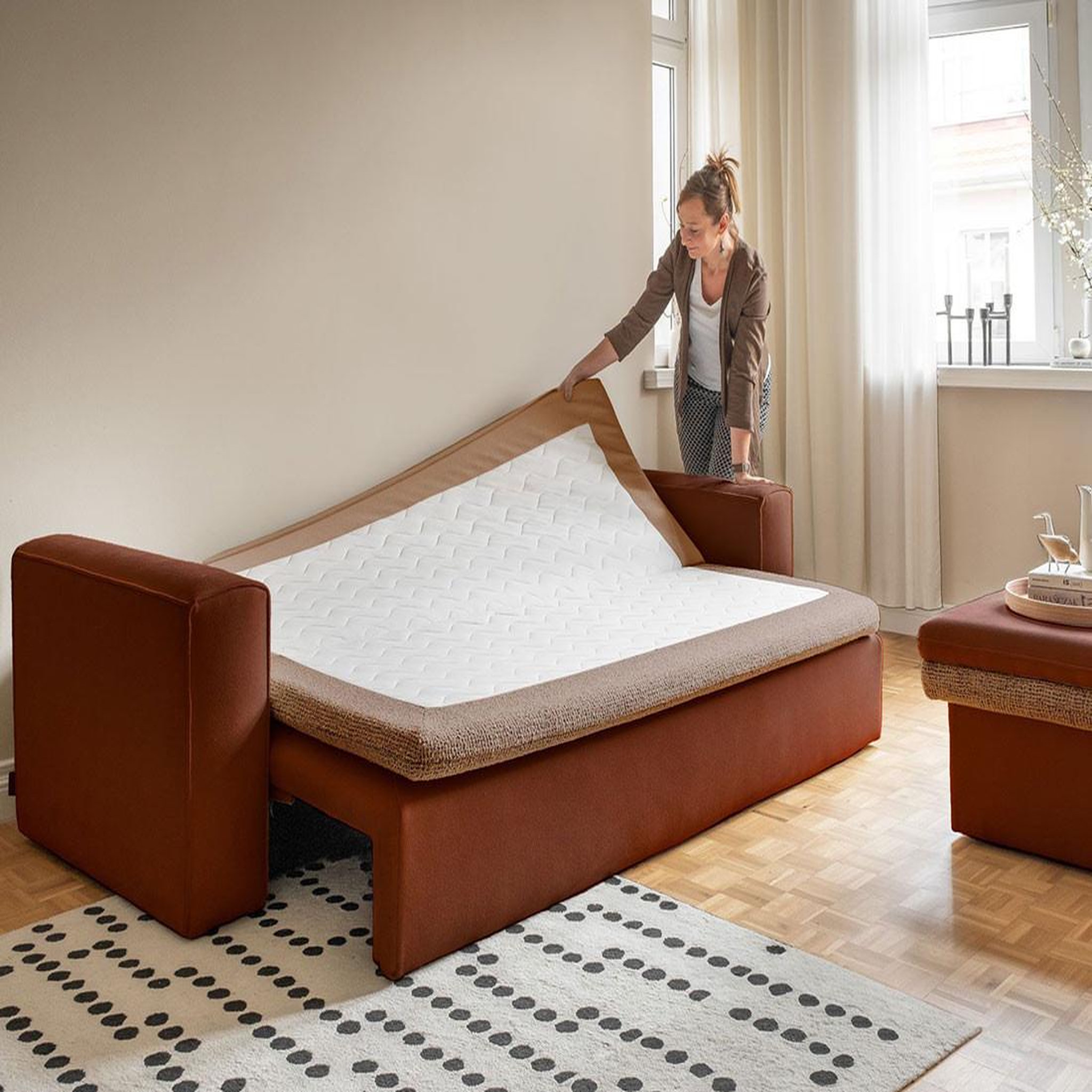 Voir la diapositive 3 : BEST MOBILIER Wilson - canapé droit 3 places convertible avec coffre en tissu et tissu texturé