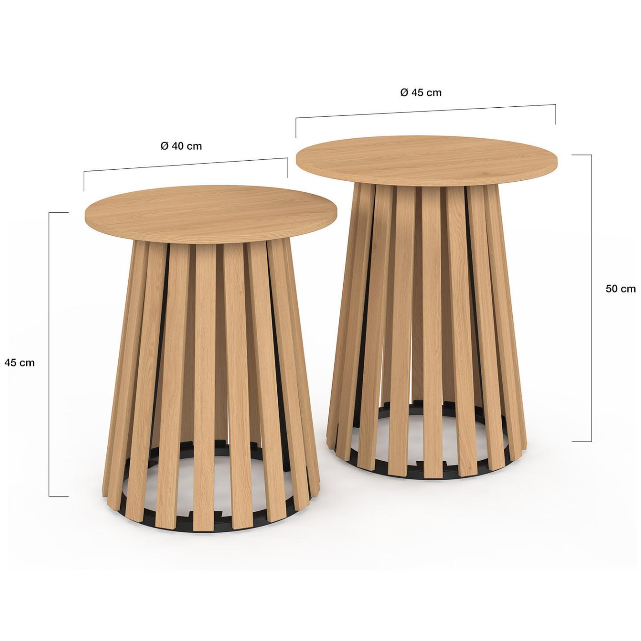 Voir la diapositive 4 : ID MARKET Lot de 2 tables d'appoint rondes, bouts de canapé, tables de chevet carmen 40/45 cm pied bois en lattes et plateau bois