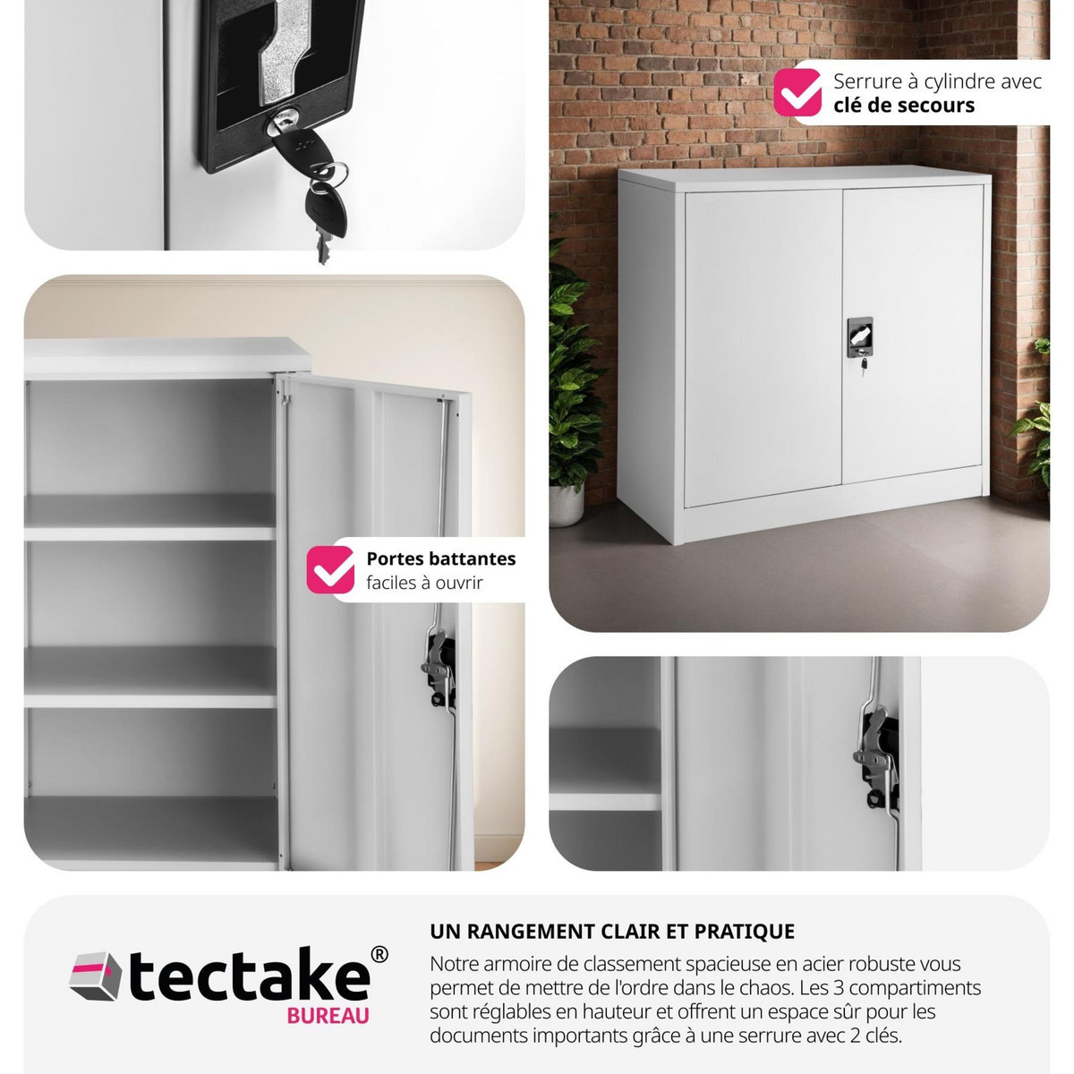 tectake Armoire de classement en métal en acier lâqué époxy gris