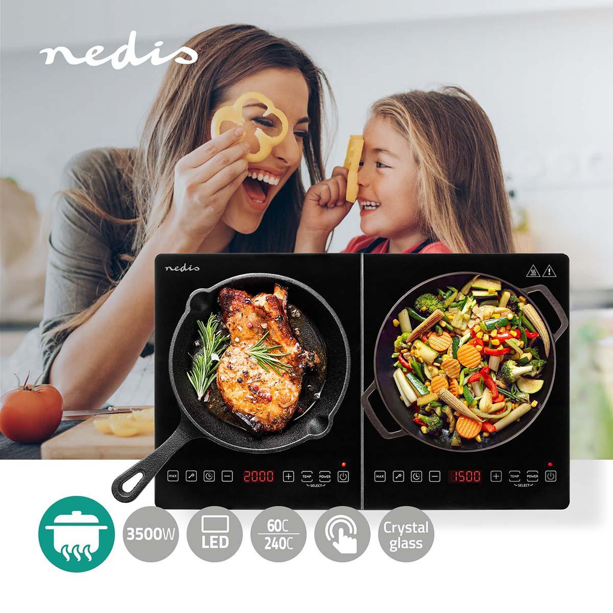 Voir la diapositive 6 : NEDIS Plaque à induction 2 foyer - sécurité enfants - 3500 w - noir - KAIP124CBK2