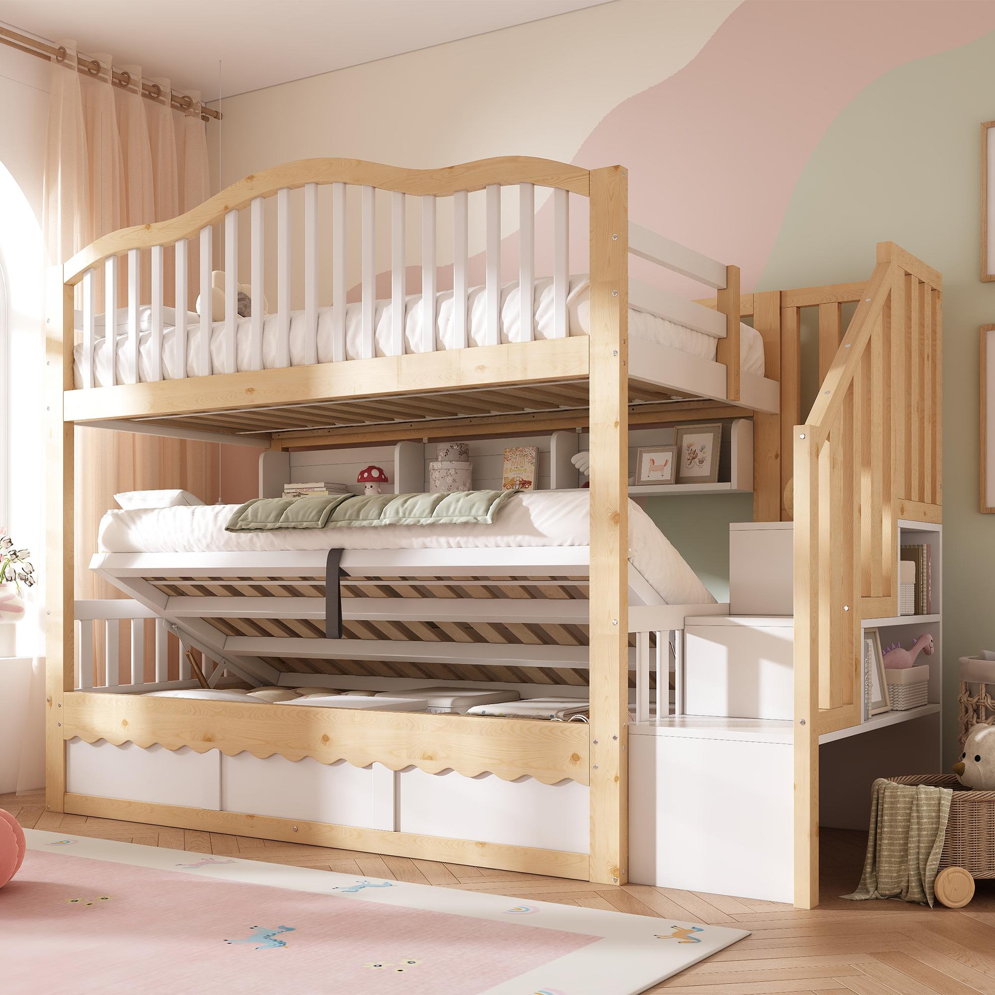 Voir la diapositive 4 : MERAX Lit superposé enfant 90x200 cm avec rangement hydraulique, escalier et étagères coloris blanc chêne