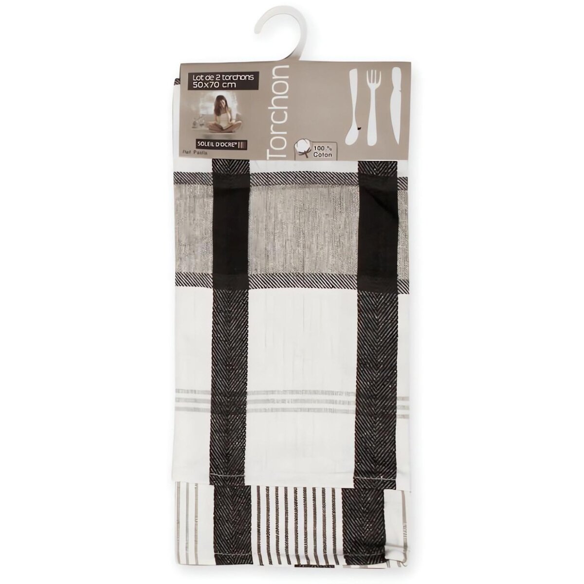 SOLEIL D'OCRE Lot de 2 torchons en coton PAELLA noir, jacquard 50x70 cm