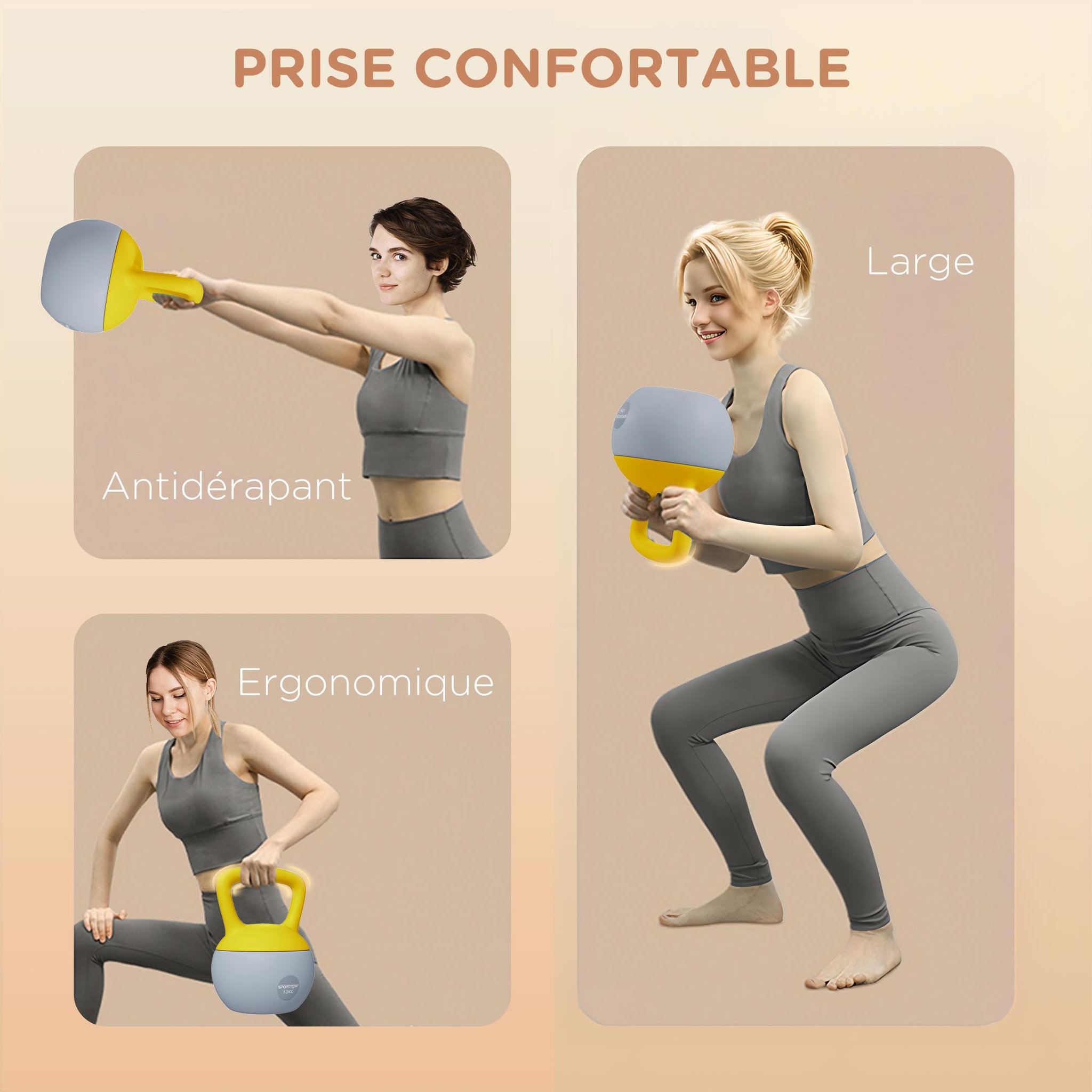 Voir la diapositive 5 : HOMCOM Kettlebell 10 kg - prise ergonomique - entraînement musculaire & haltérophilie - pvc gris jaune