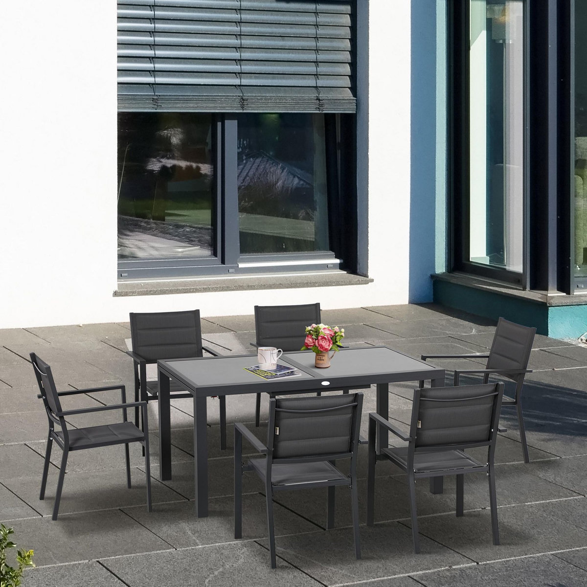 OUTSUNNY Ensemble de jardin 6 personnes chaises empilables table extensible 150/210L cm alu. teslin gris