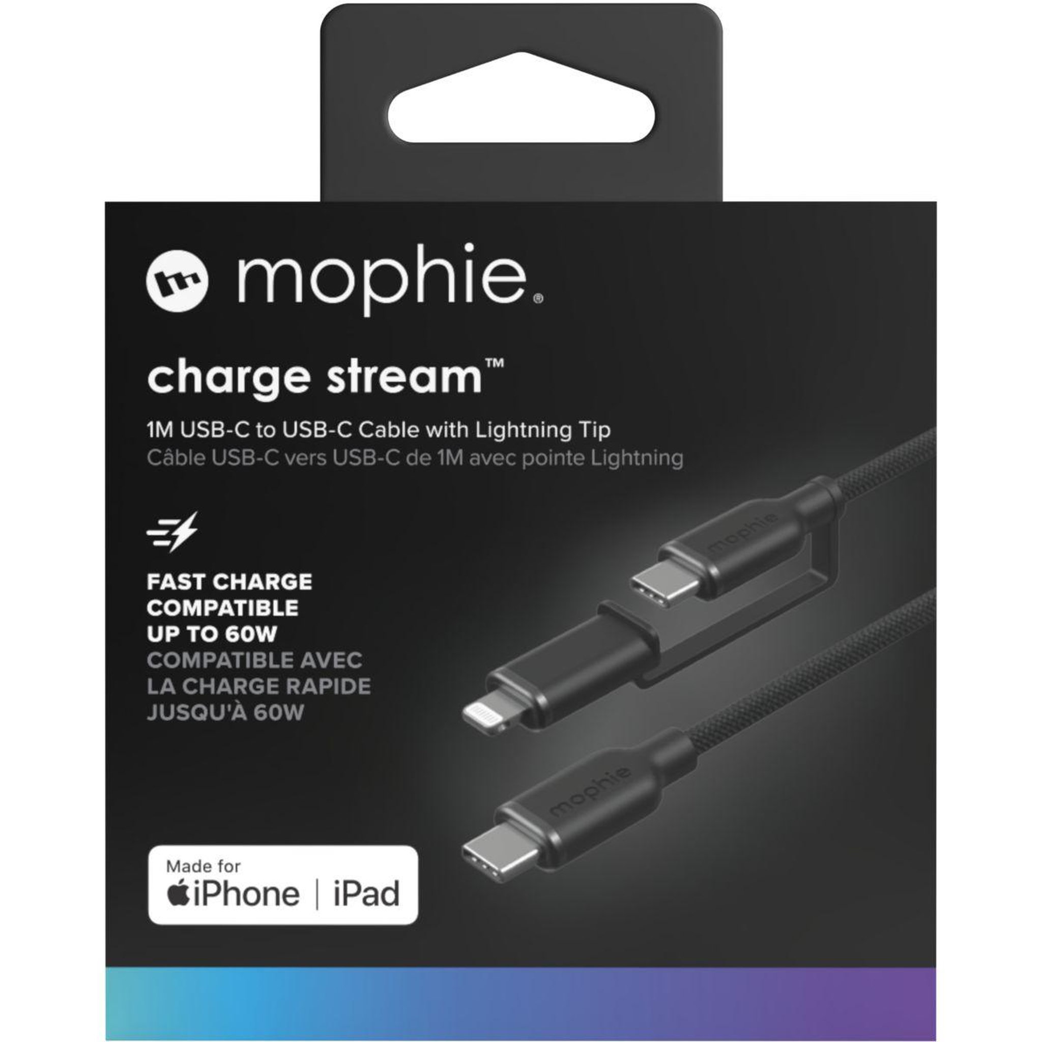 Voir la diapositive 3 : Mophie Câble de charge usb-c + lightning 1m noir chargestream