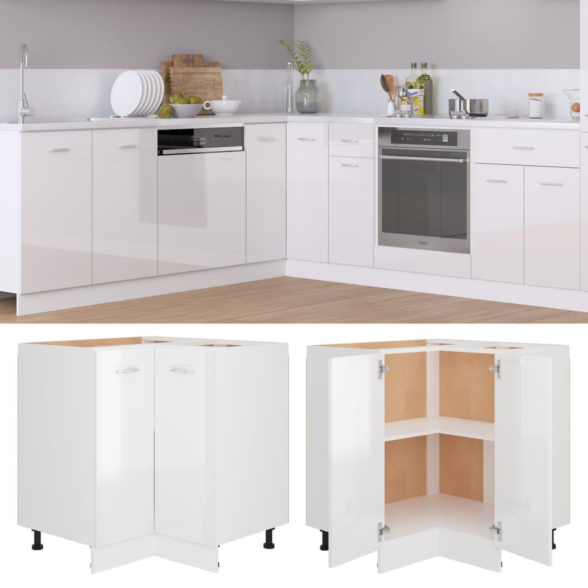 Voir la diapositive 1 : VIDAXL Armoire de plancher d'angle blanc brillant 75,5x75,5x81,5 cm
