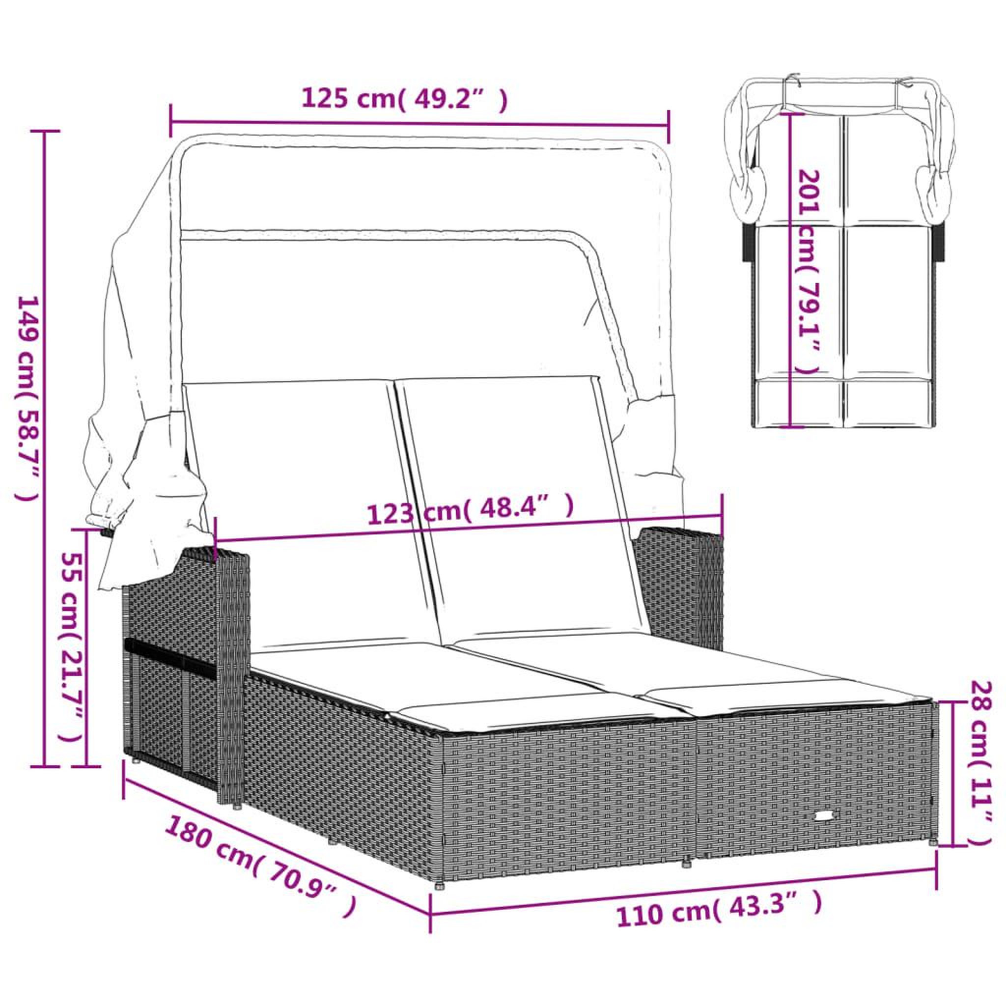Voir la diapositive 6 : VIDAXL Chaise longue double et auvent et coussins melange beige rotin