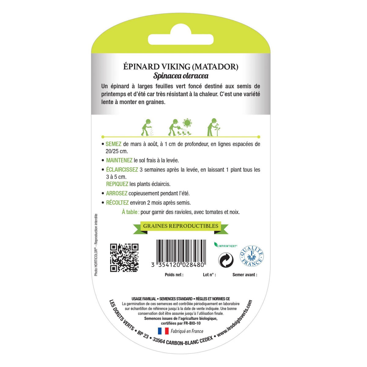LES DOIGTS VERTS Graines épinard Viking  matador  BIO Les Doigts Verts