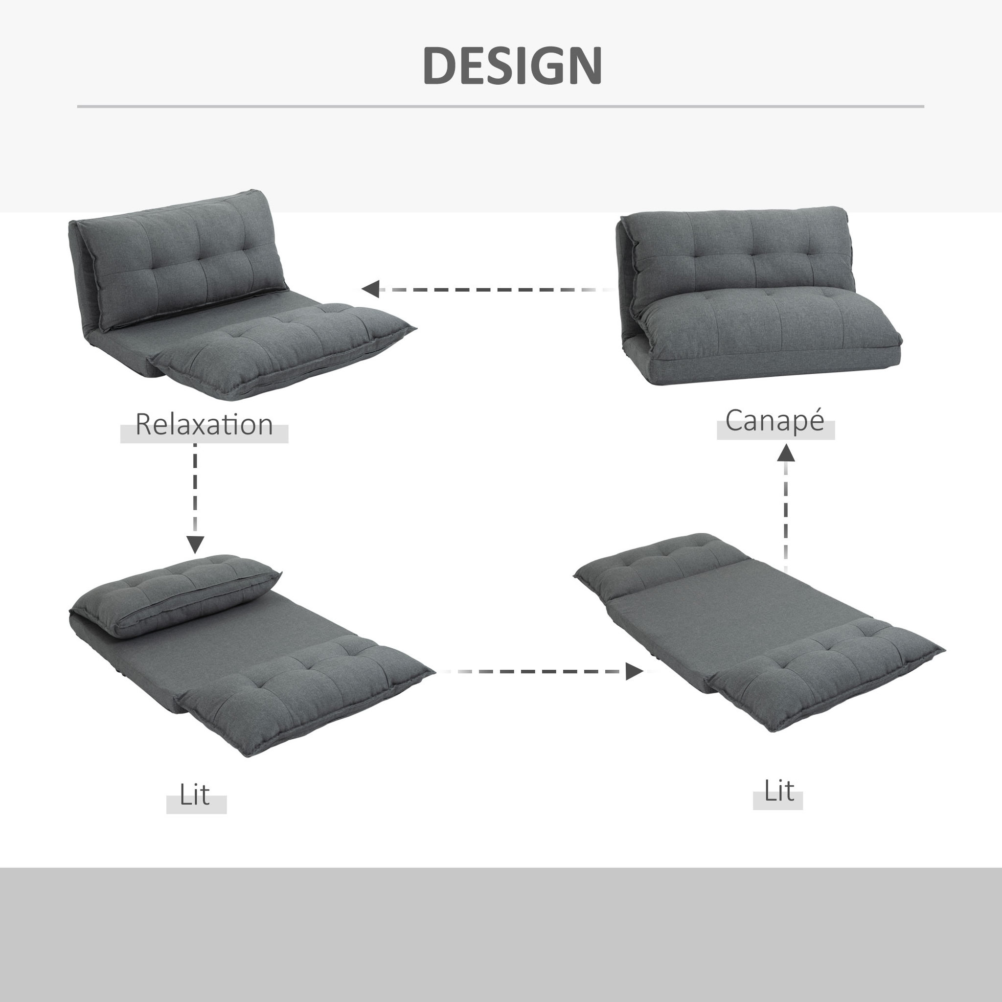 Voir la diapositive 5 : HOMCOM Chauffeuse - matelas d'appoint pliant - fauteuil convertible - inclinaison dossier réglable 13 positions - tissu lin
