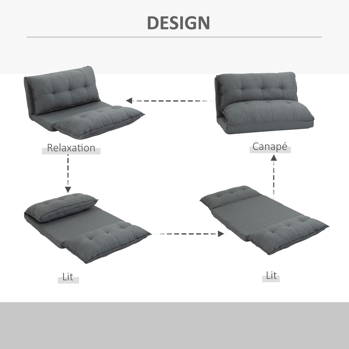 HOMCOM Chauffeuse - matelas d'appoint pliant - fauteuil convertible - inclinaison dossier réglable 13 positions - tissu lin