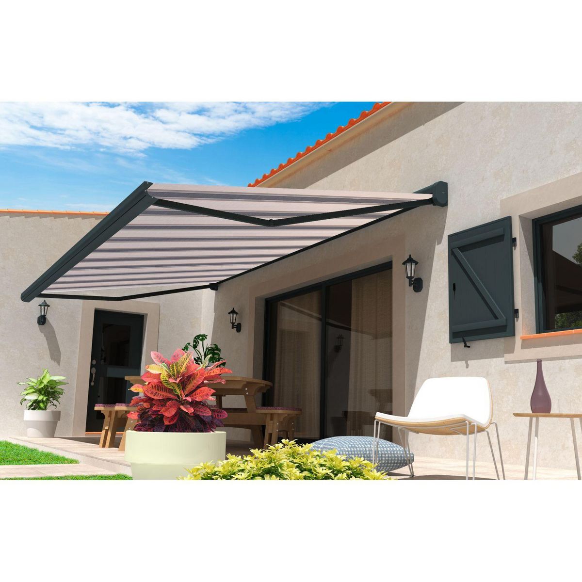 SUNSTYL Store motorisé avec Led NINA rayé Coffre intégral gris 