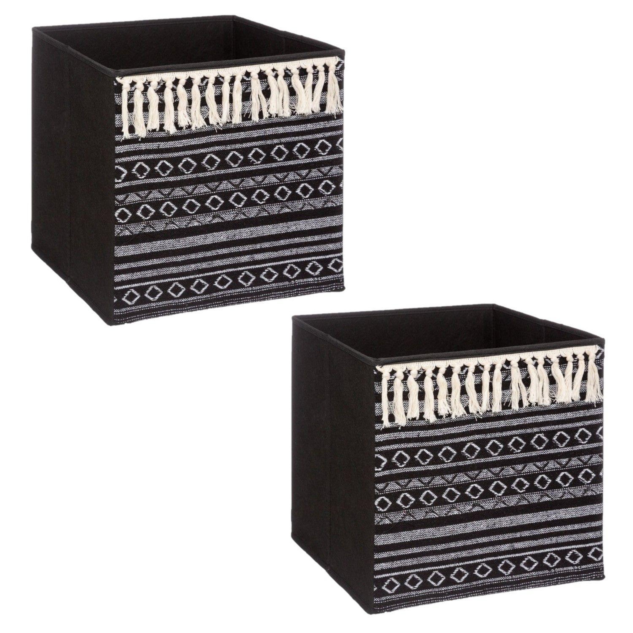 TOILINUX Lot de 2 boîtes de rangement à motifs ethniques MIX'N MODUL - L.31 x l.31 x H.31 cm - Noir