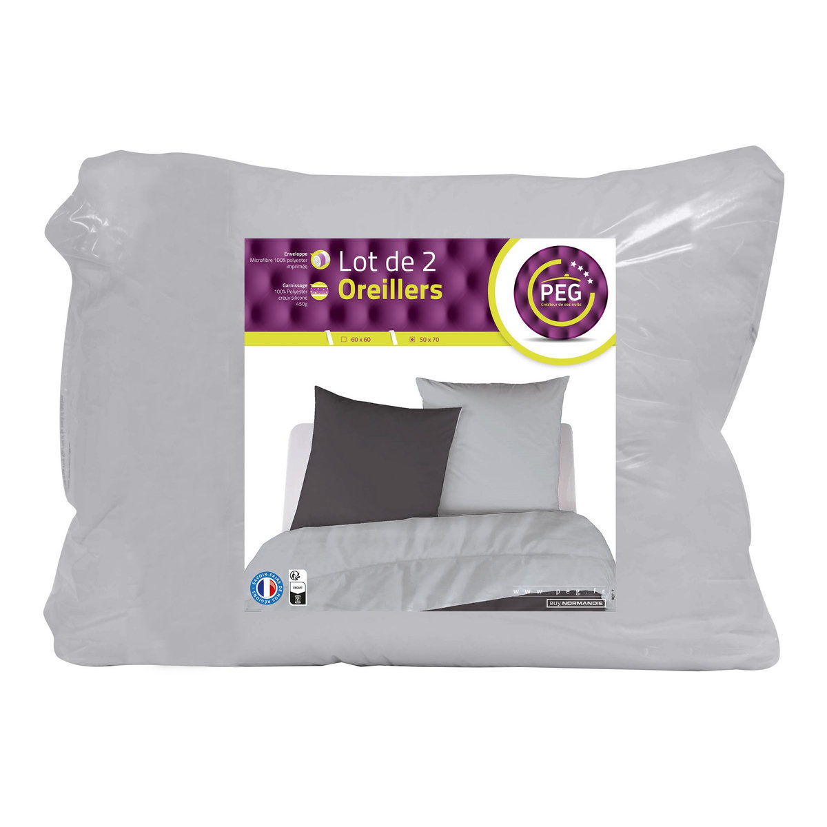Lot de 2 oreillers unis en microfibre 450 g/m²