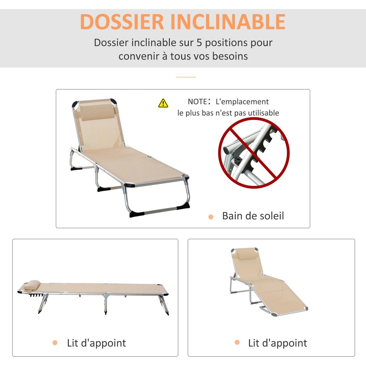 OUTSUNNY Bain de soleil transat pliable grand confort dossier réglable multi-position tétière alu. textilène beige