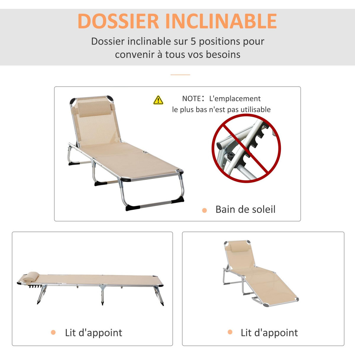 OUTSUNNY Bain de soleil transat pliable grand confort dossier réglable multi-position tétière alu. textilène beige