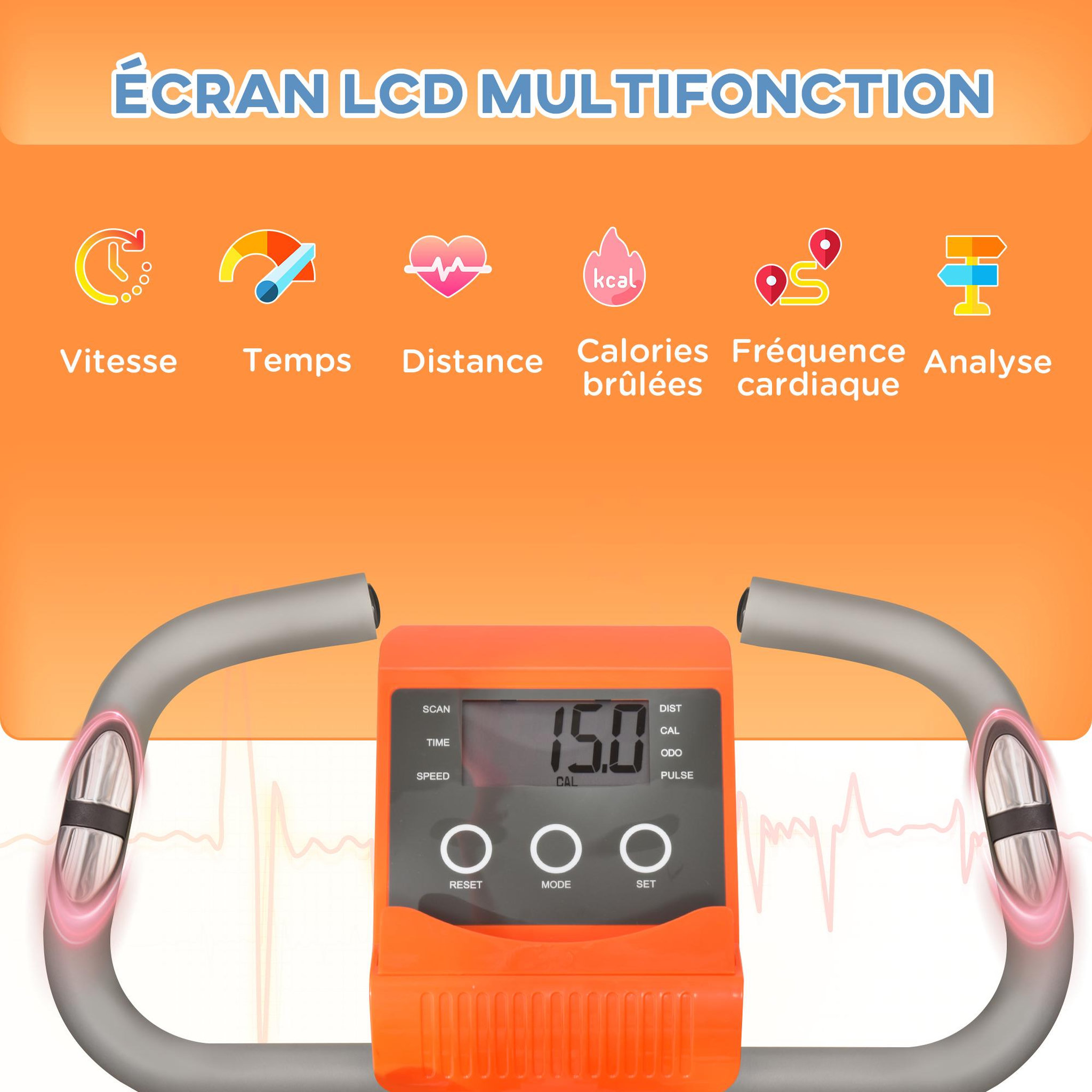 Voir la diapositive 4 : HOMCOM Vélo d'appartement pliant 8 niveaux de résistance magnétique dossier selle réglable poignées ergonomiques écran LCD multifonction suspensions support tablette acier