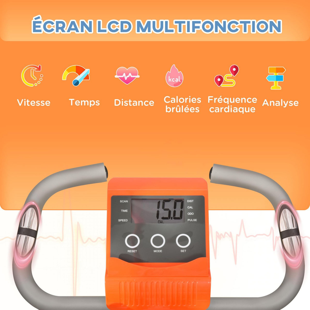 HOMCOM Vélo d'appartement pliant 8 niveaux de résistance magnétique dossier selle réglable poignées ergonomiques écran LCD multifonction suspensions support tablette acier