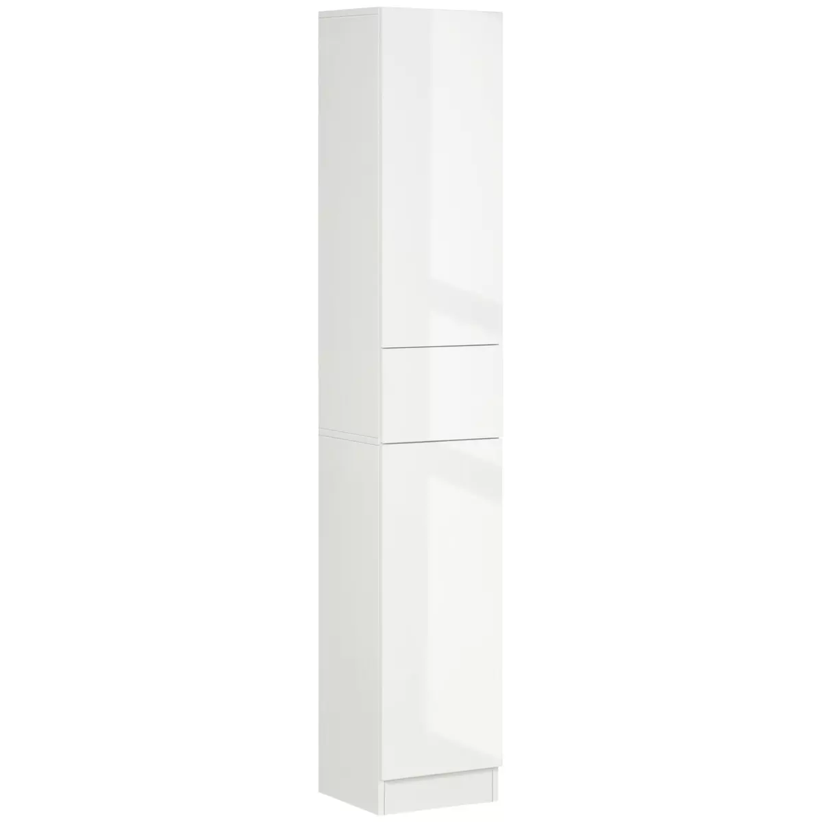 KLEANKIN Meuble colonne rangement salle de bain style contemporain façade laquée 2 portes 3 étagères tiroir panneaux MDF blanc