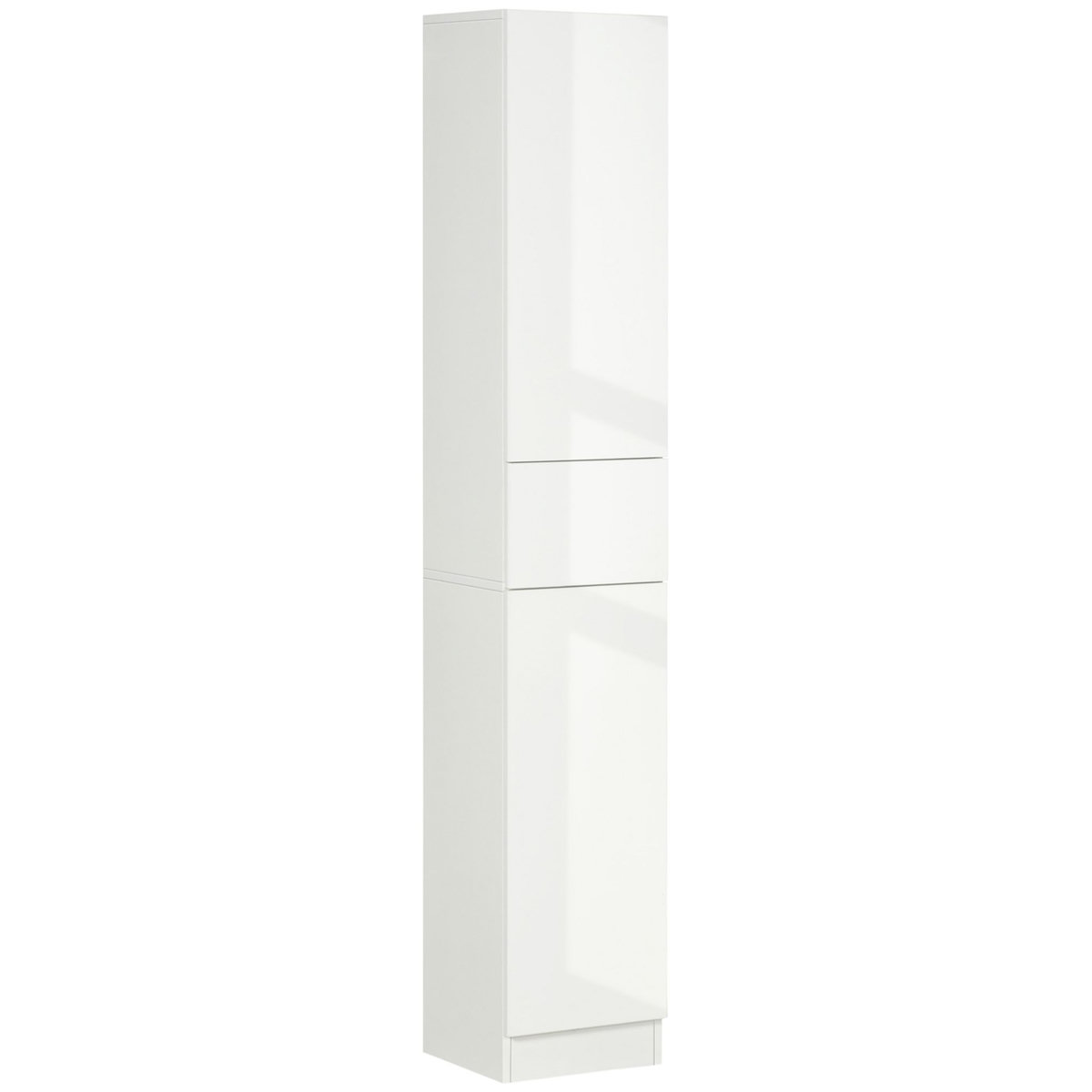 KLEANKIN Meuble colonne rangement salle de bain style contemporain façade laquée 2 portes 3 étagères tiroir panneaux MDF blanc