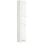 KLEANKIN Meuble colonne rangement salle de bain style contemporain façade laquée 2 portes 3 étagères tiroir panneaux MDF blanc