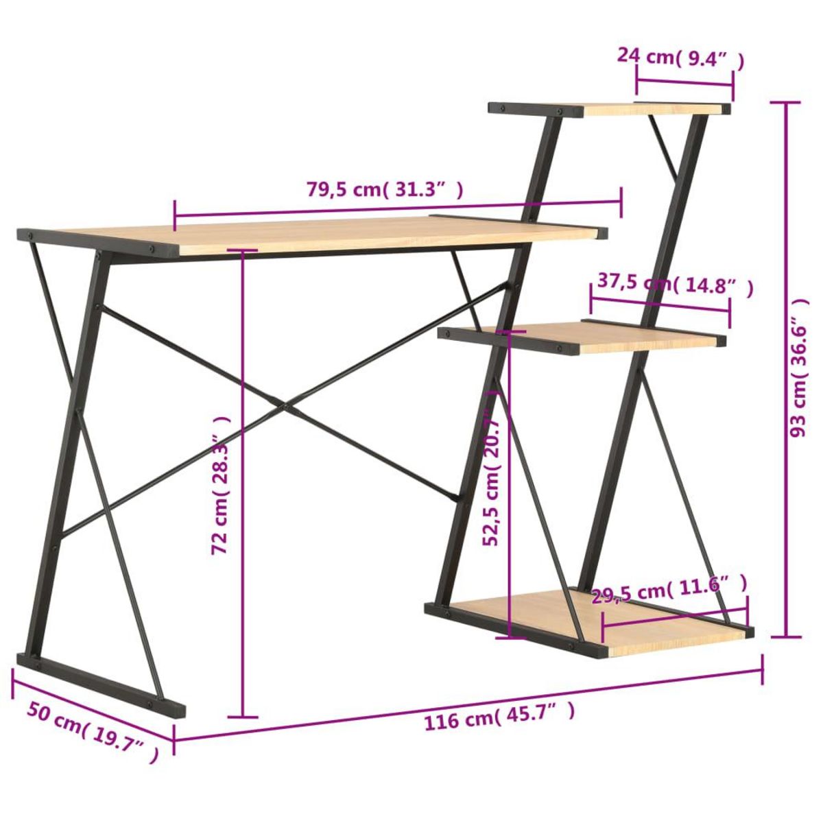 VIDAXL Bureau avec etagere Noir et chene 116x50x93 cm