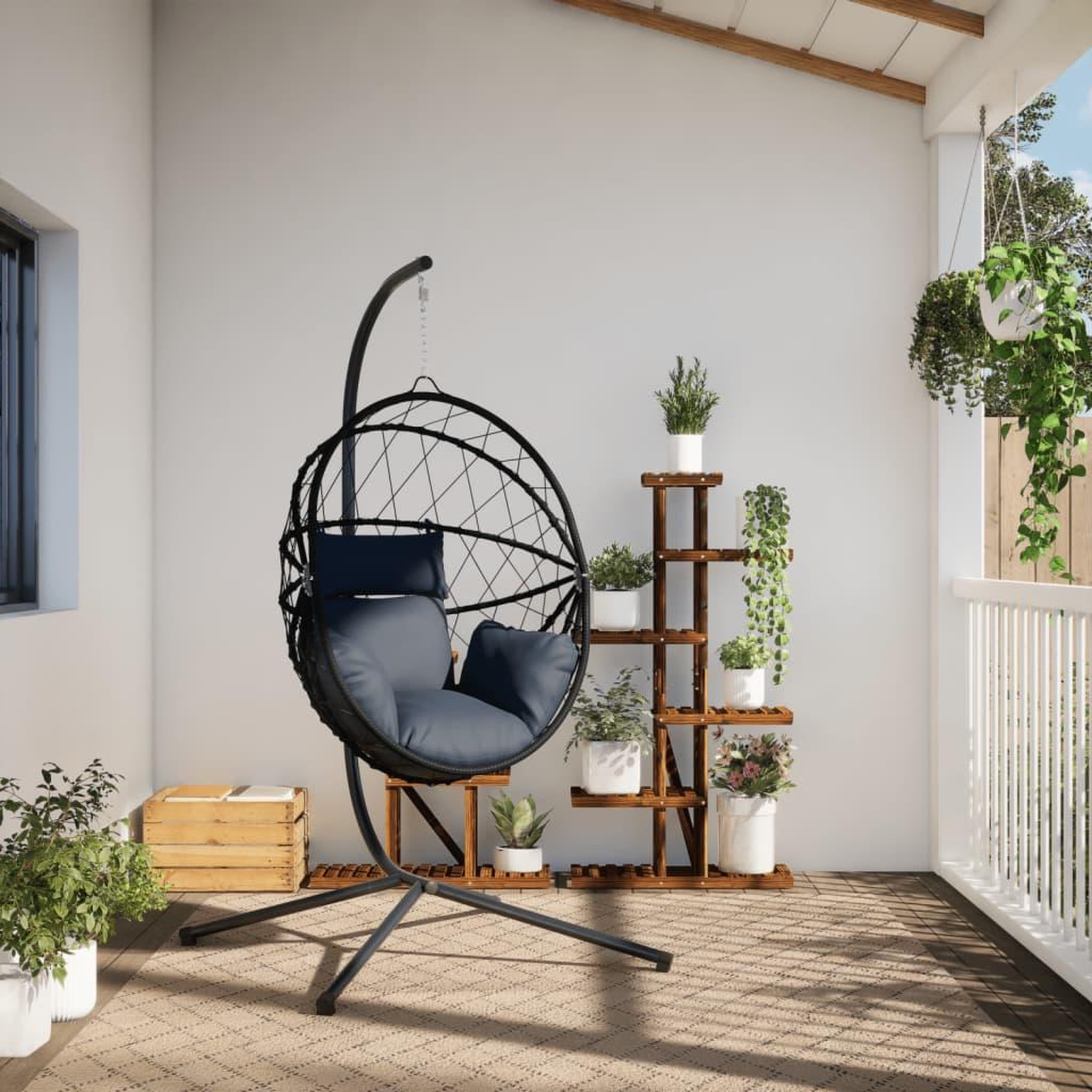 Voir la diapositive 3 : VIDAXL Chaise suspendue en forme d'œuf avec support anthracite