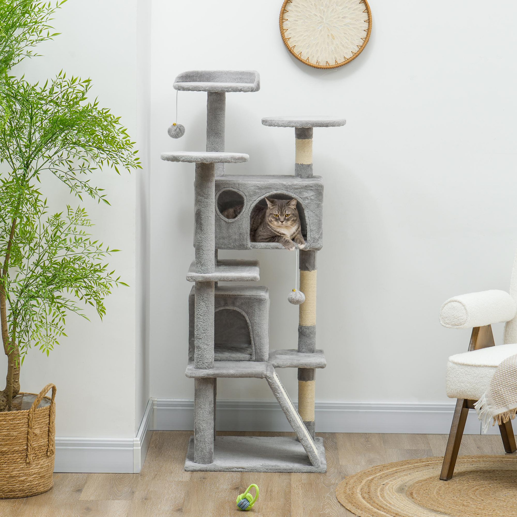 Voir la diapositive 2 : PAWHUT Arbre à chat 2 niches grattoir griffoirs plate-formes 2 niches 2 jouets pompons peluche grise