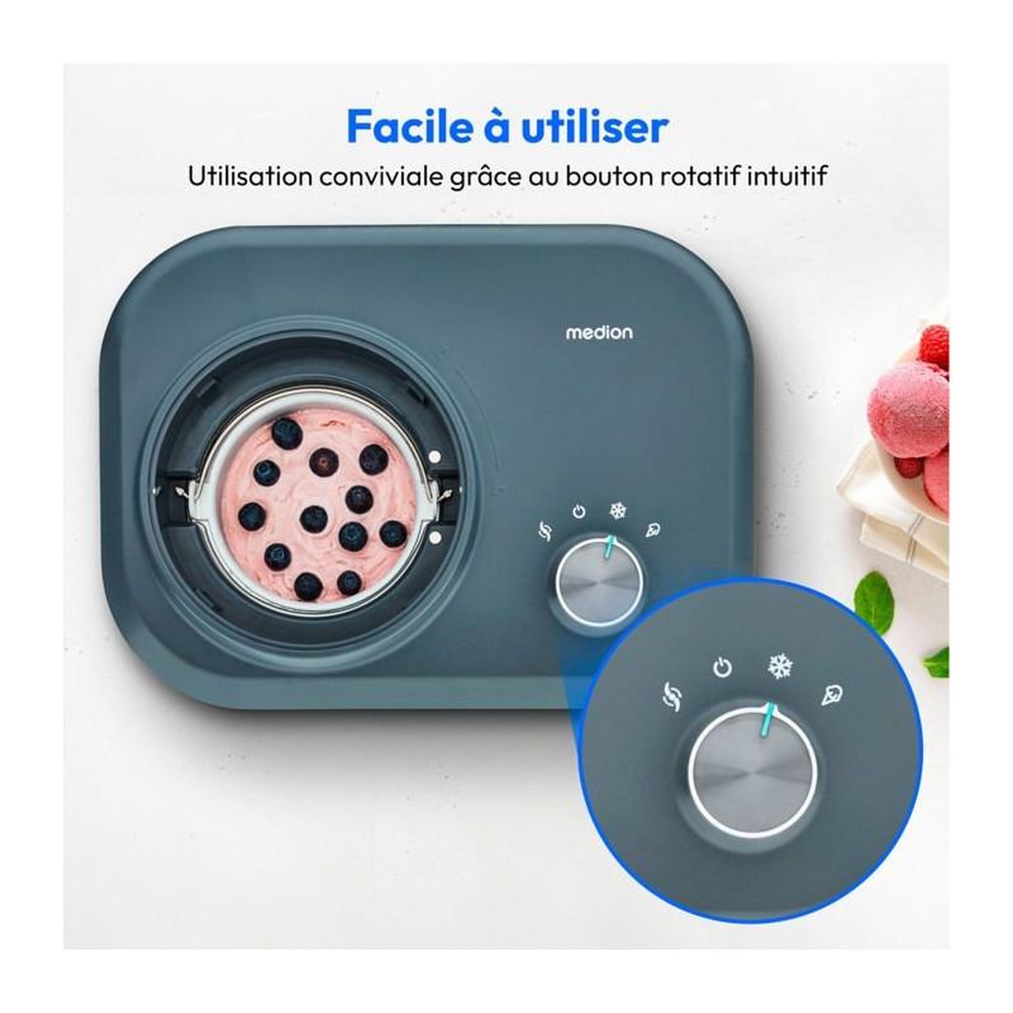 Voir la diapositive 5 : Medion MEDION Machine a glace avec compresseur (convient pour la préparation de cremes glacées, yaourts glacés & sorbets, 1 litre, 1