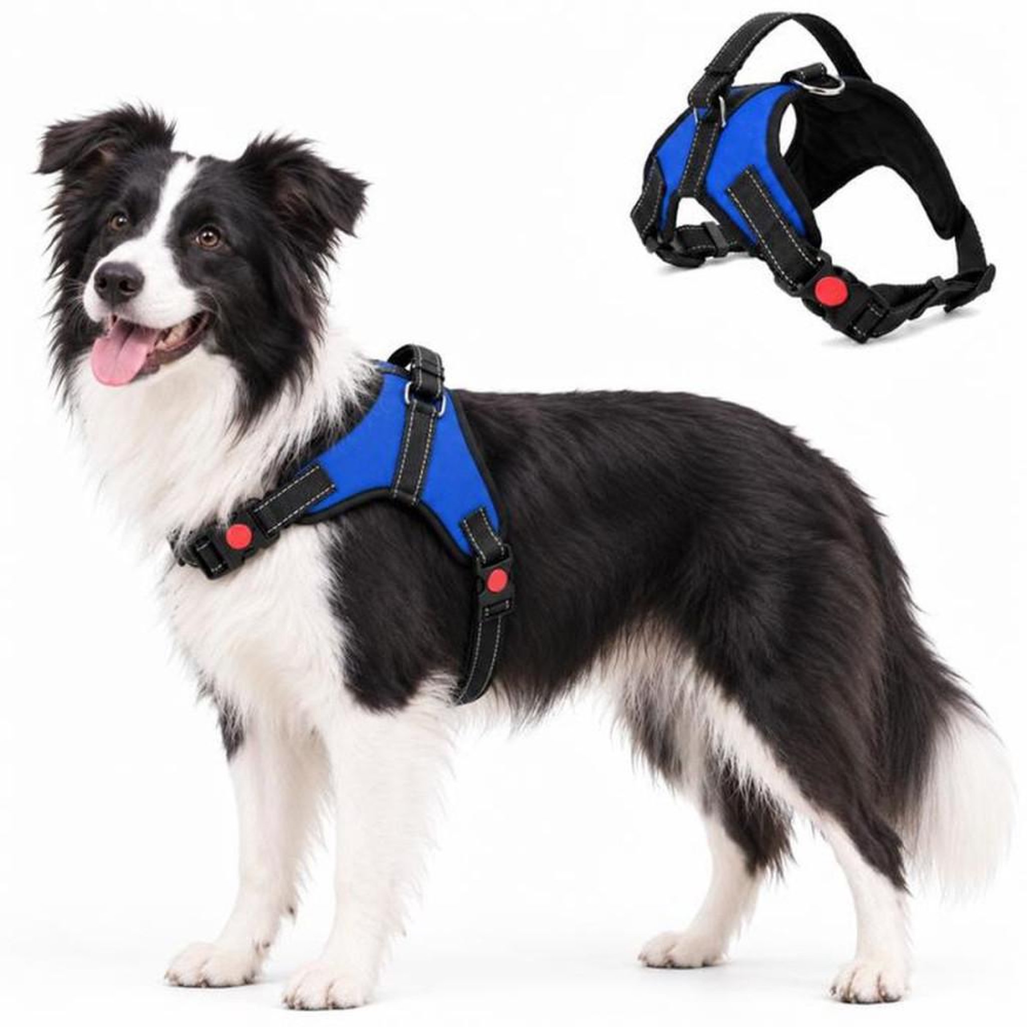 Harnais pour chien JUPVIERGE bleu taille M, rembourrage doux, sangles réglables, bandes réfléchissantes, système anti-traction et poignée de contrôle