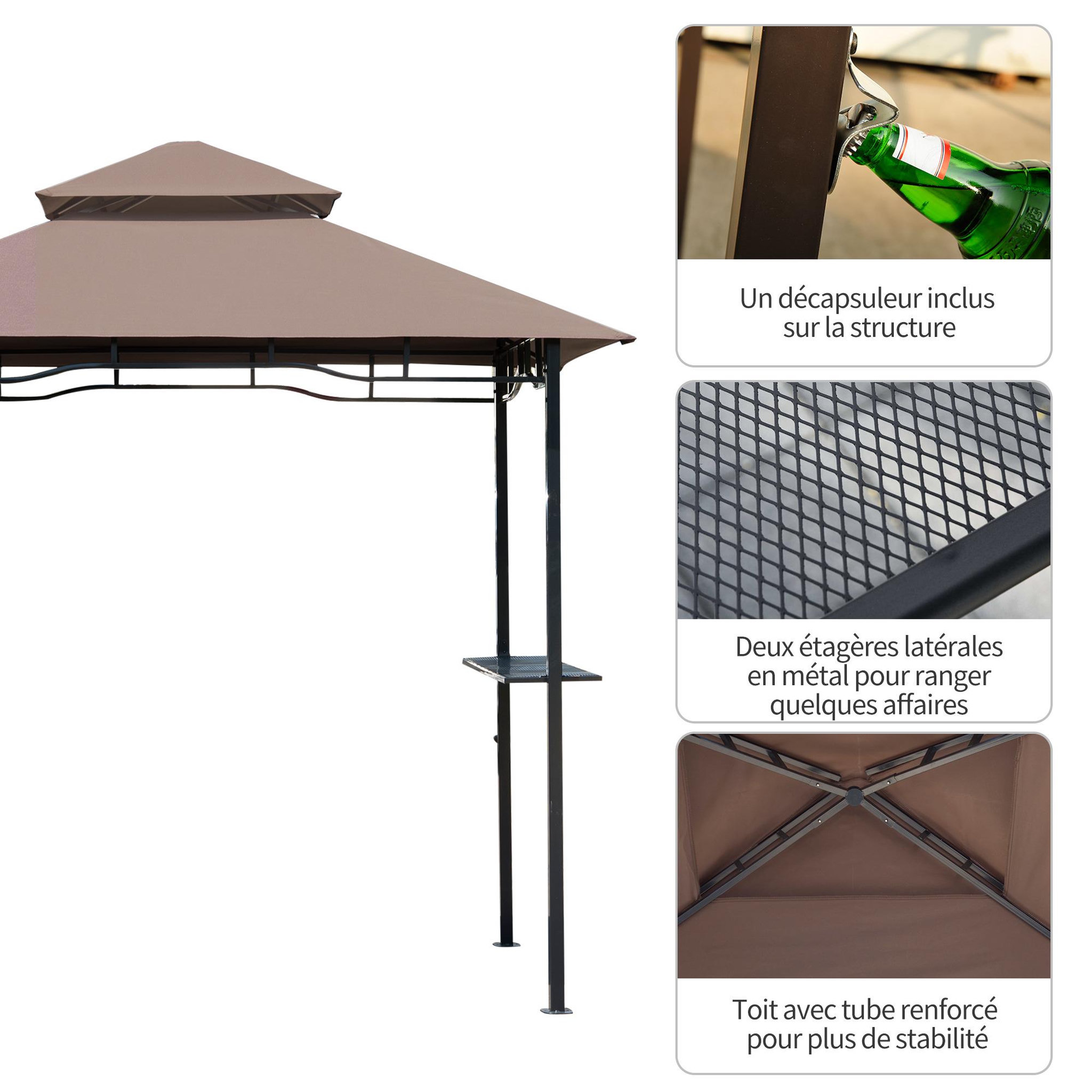 Voir la diapositive 5 : HOMCOM Pavillon abri tonnelle de jardin pour barbecue double toit 2 tablettes incluses tissu polyester acier 2,45 x 1,48 x 2,55 m chocolat