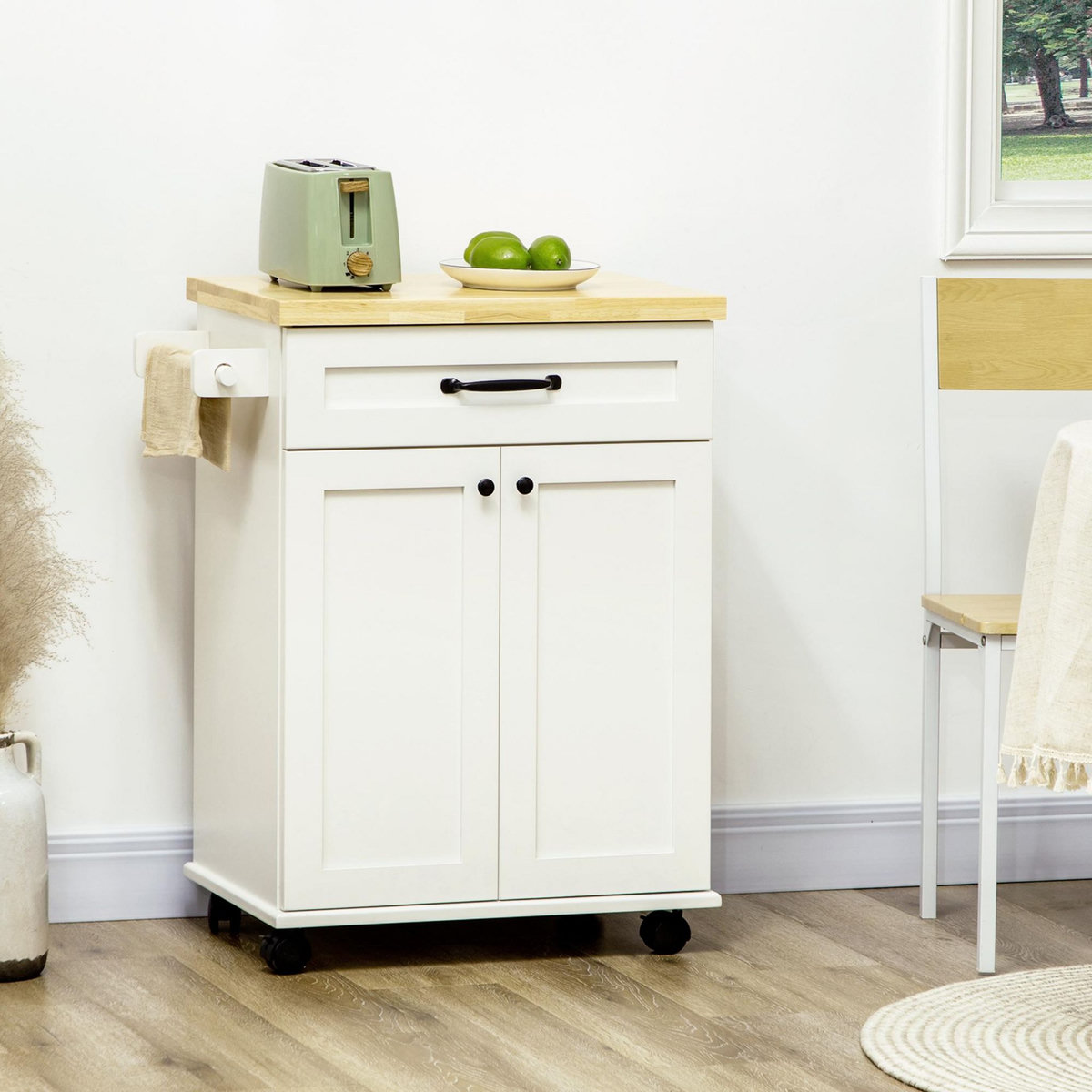 HOMCOM Desserte de cuisine - placard porte avec étagère réglable, tiroir, porte-torchon - blanc bois d'hévéa