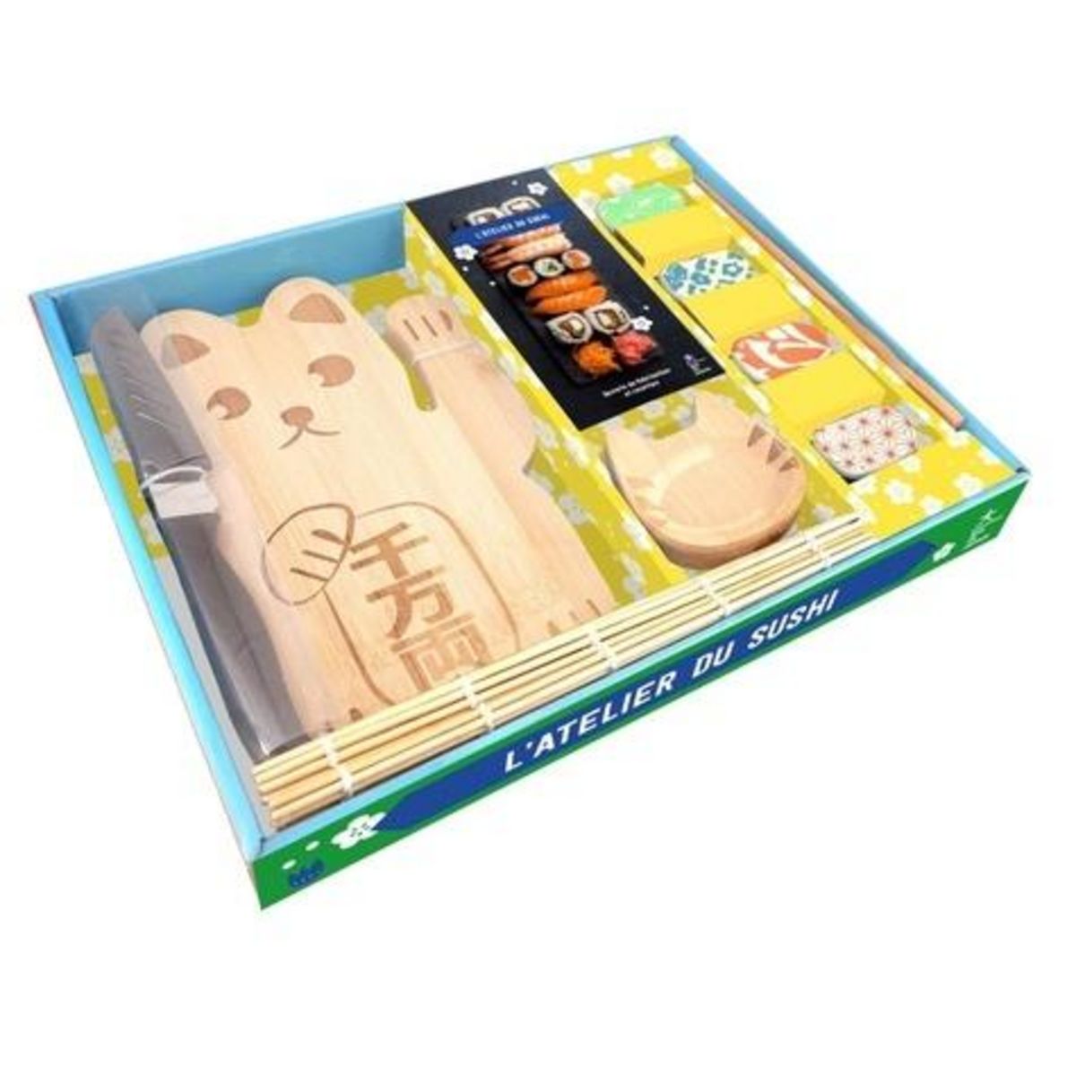 L'ATELIER DU SUSHI. AVEC UN COUTEAU A SUSHIS EN ACIER INOXYDABLE, UNE PLANCHE DE SERVICE EN BOIS, UNE NATTE, DEUX COUPELLES A SAUCE, QUATRE PAIRES DE BAGUETTES, QUATRE REPOSE-BAGUETTES ET UN LIVRE DE 10 RECETTES FACILES ET RAPIDES, Hachette Pratique