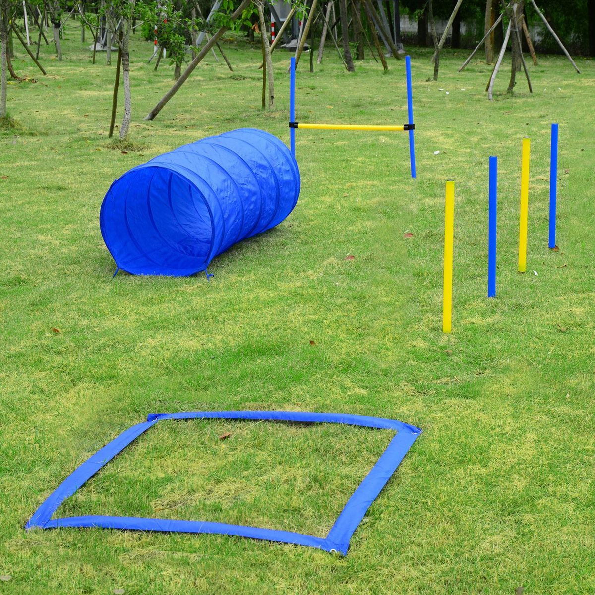 PAWHUT Agility sport pour chiens équipement complet obstacles, tunnel, slalom, zone repos + 2 sacs de transport bleu jaune