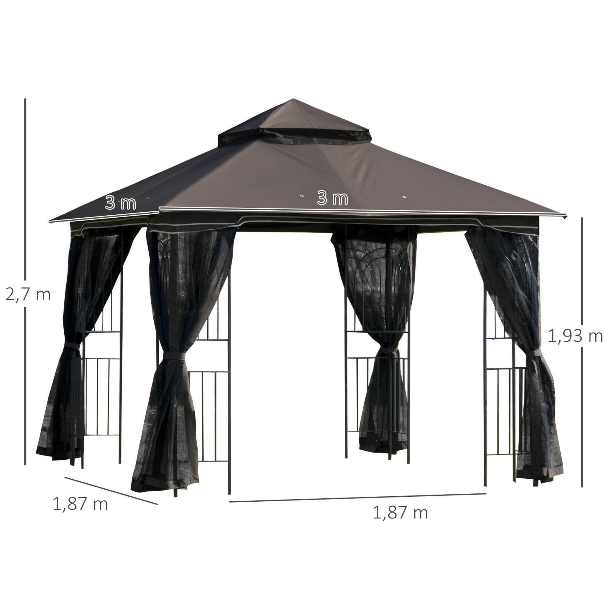 Voir la diapositive 2 : OUTSUNNY Tonnelle barnum style colonial double toit toile moustiquaires amovibles 4 étagères d'angle métal époxy polyester chocolat