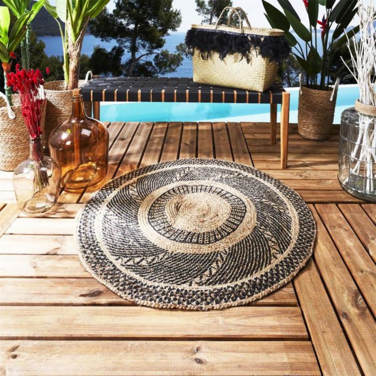 Paris Prix Tapis Rond Déco en Jute  Imprimé  90cm Noir