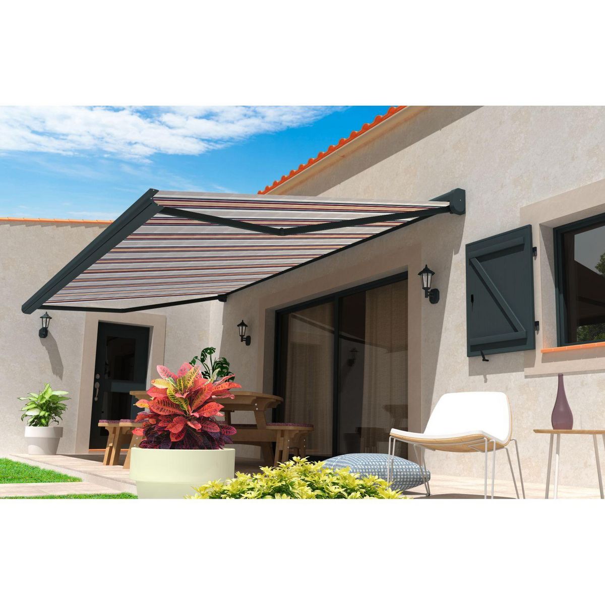 SUNSTYL Store motorisé avec Led NINA rayé Coffre intégral gris 