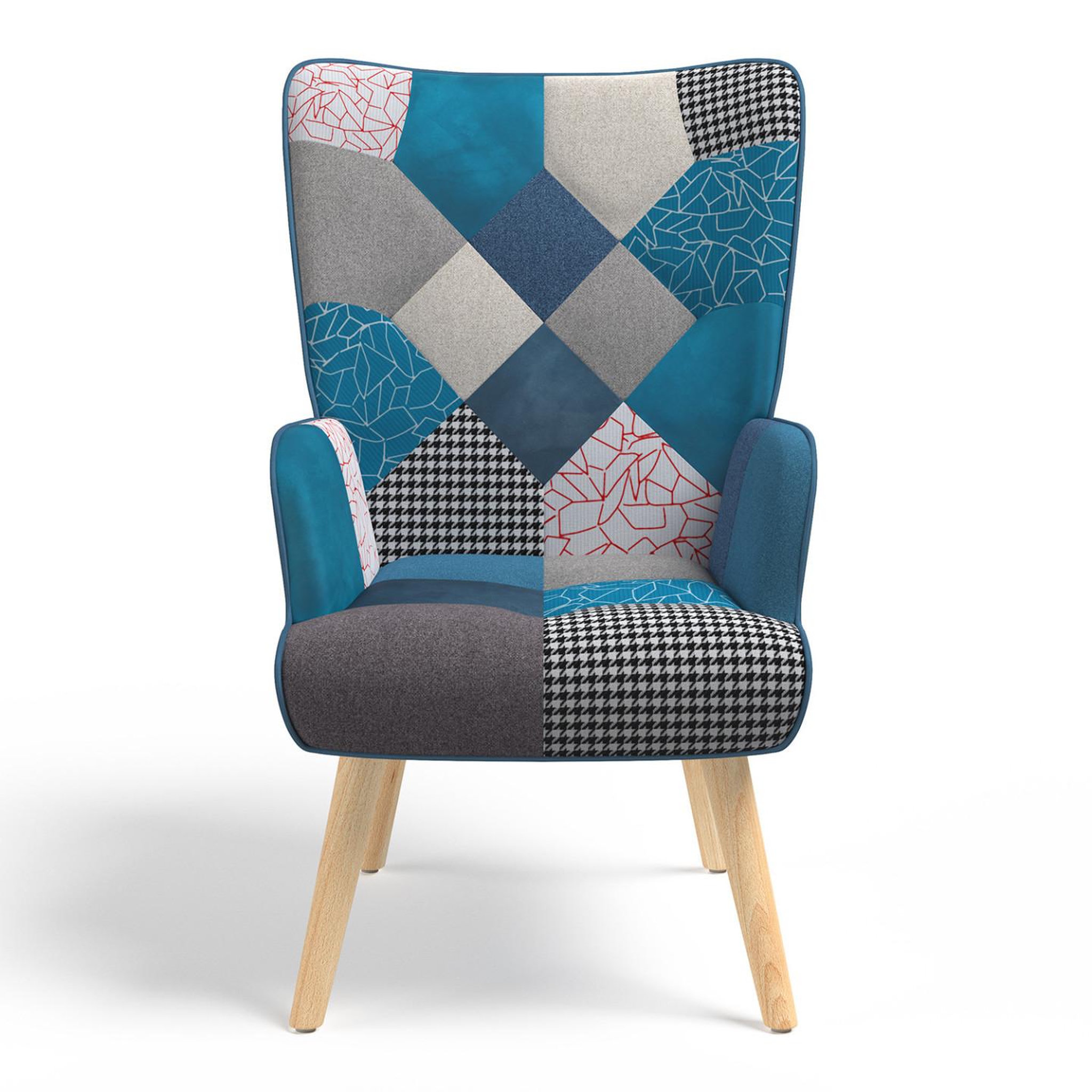 Voir la diapositive 3 : ID MARKET Fauteuil scandinave ivar en tissu patchwork et velours bleu