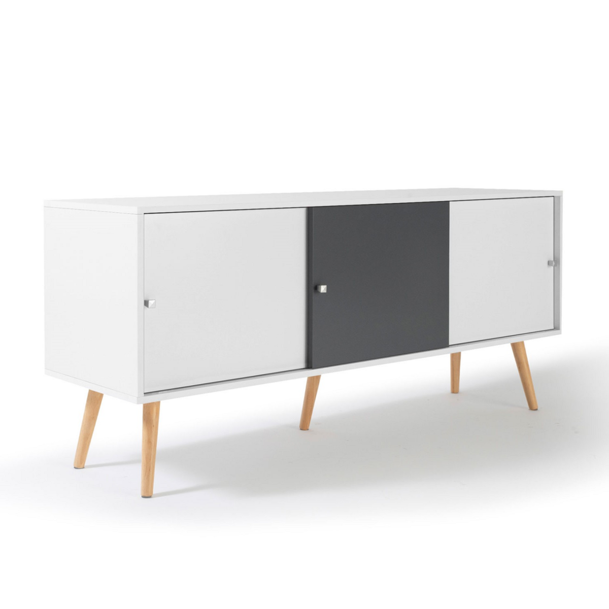 ID MARKET Buffet bas scandinave 135 cm EFFIE 3 portes bois blanc et gris