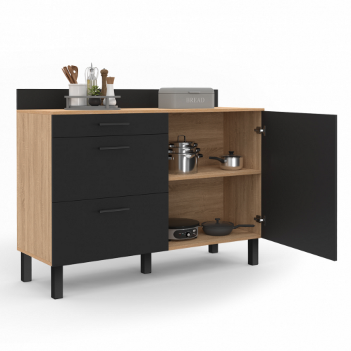 ID MARKET Buffet bas casserolier de cuisine 120 CM CINA plan de travail H.83 cm 1 porte + 3 tiroirs façon hêtre et noir