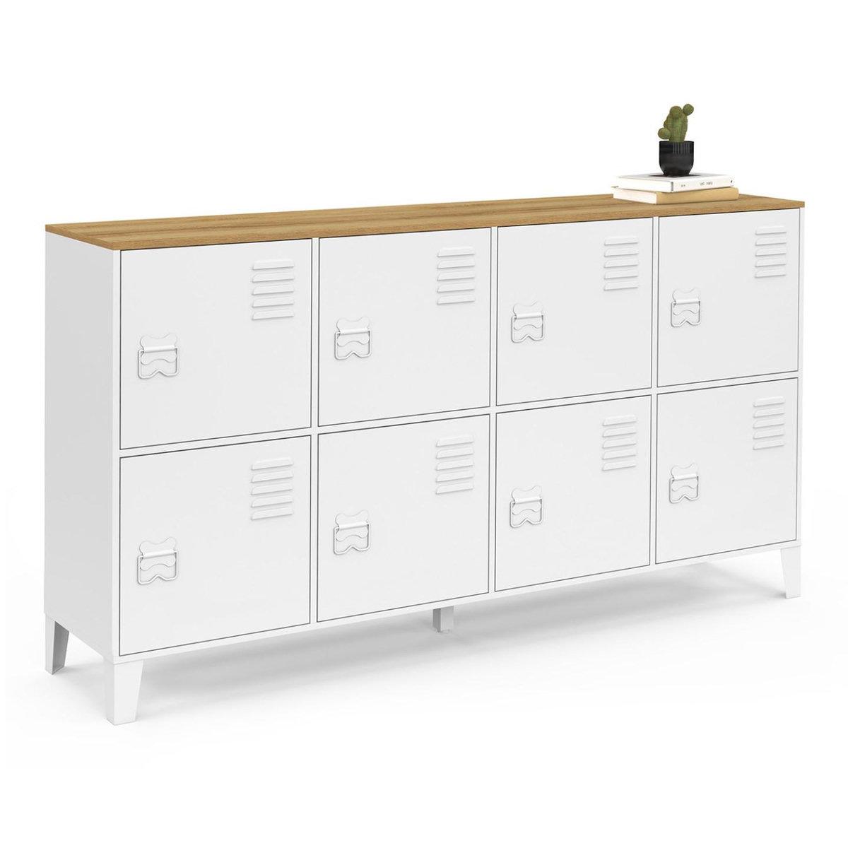 ID MARKET Buffet casier 139 cm ESTER 8 portes en métal blanc plateau bois design industriel