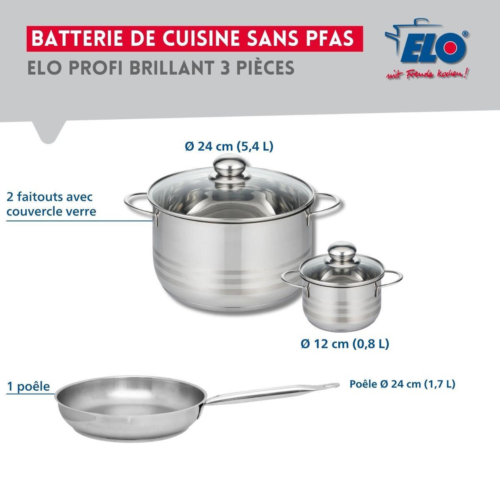 Voir la diapositive 2 : ELO Ensemble de 1 poêle de cuisson 24 cm et 2 faitouts 12 et 24 cm elo profi brillant