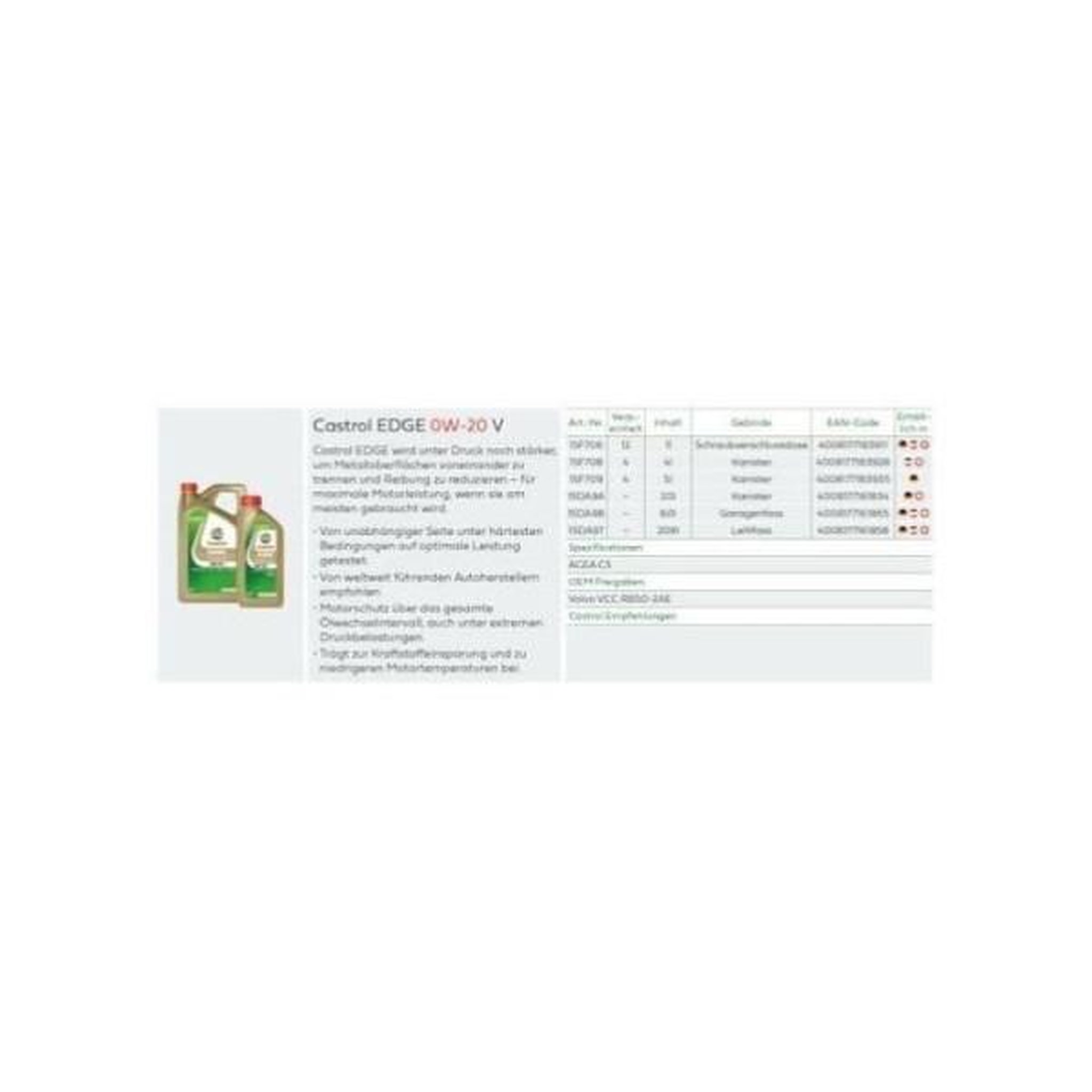 Voir la diapositive 4 : CASTROL Huile moteur - CASTROL - EDGE 0W-20 V - 1L