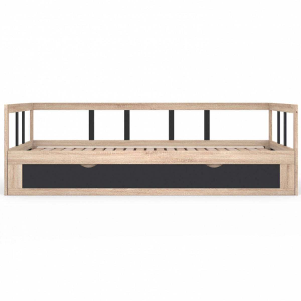 ID MARKET Lit banquette 90 x 190 cm ZOYA convertible 180 x 190 cm hêtre et noir avec 1 tiroir de rangement