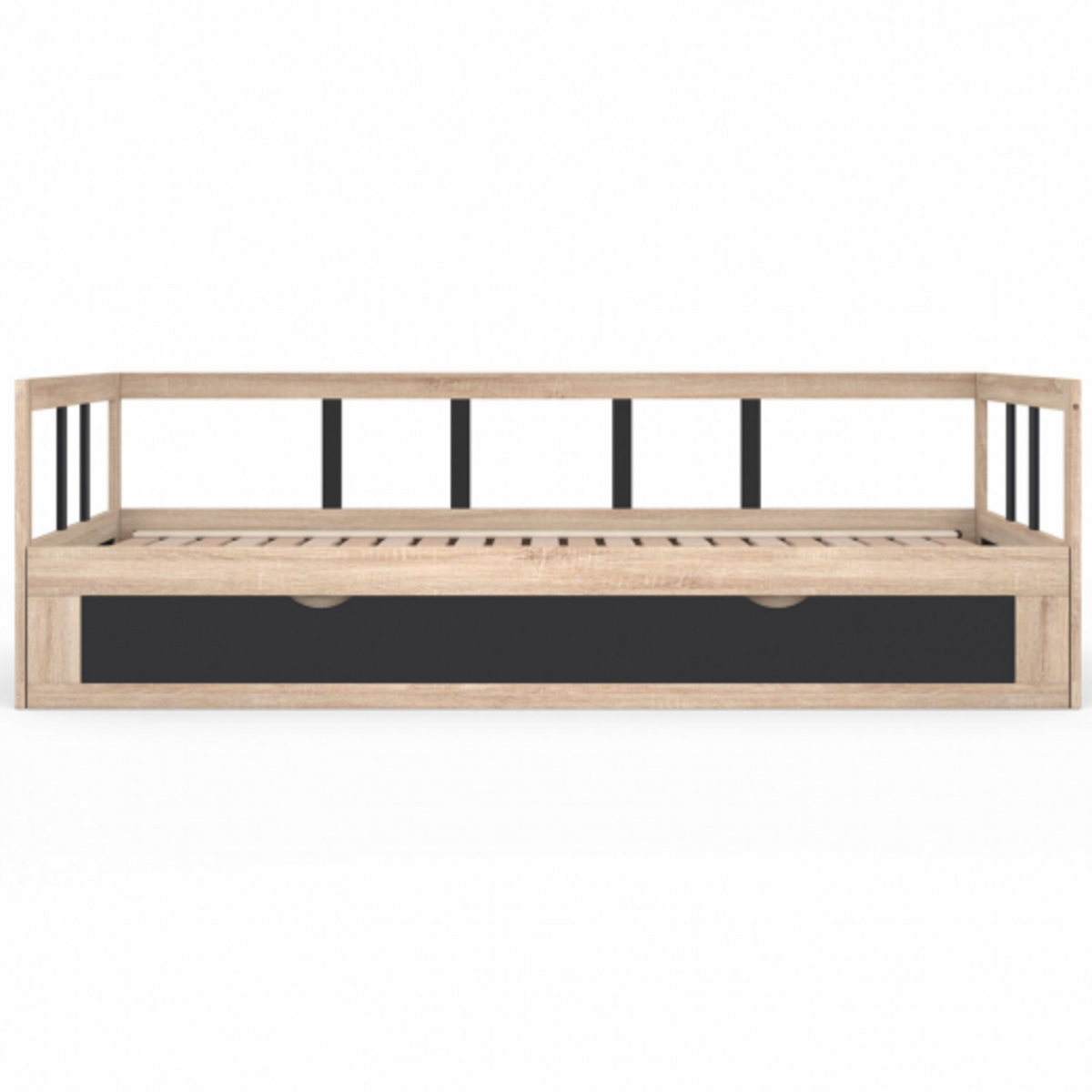 ID MARKET Lit banquette 90 x 190 cm ZOYA convertible 180 x 190 cm hêtre et noir avec 1 tiroir de rangement