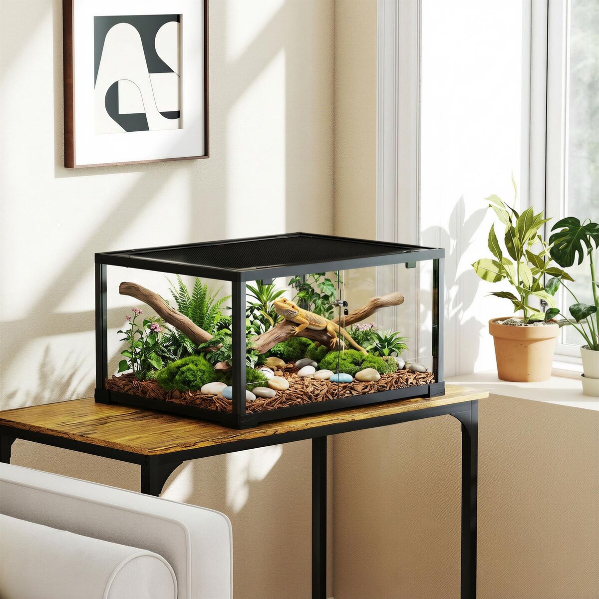 PAWHUT Terrarium 86L - toit maillé et porte coulissante verrouillable - 50x30x35cm - alu noir verre